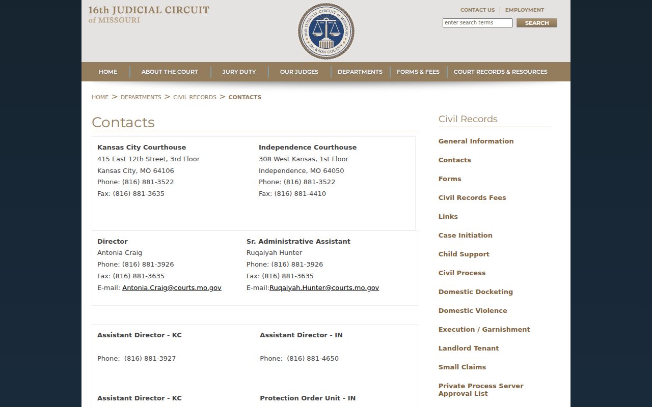 Jackson County court record search Civil Records counter and copy desk contacts