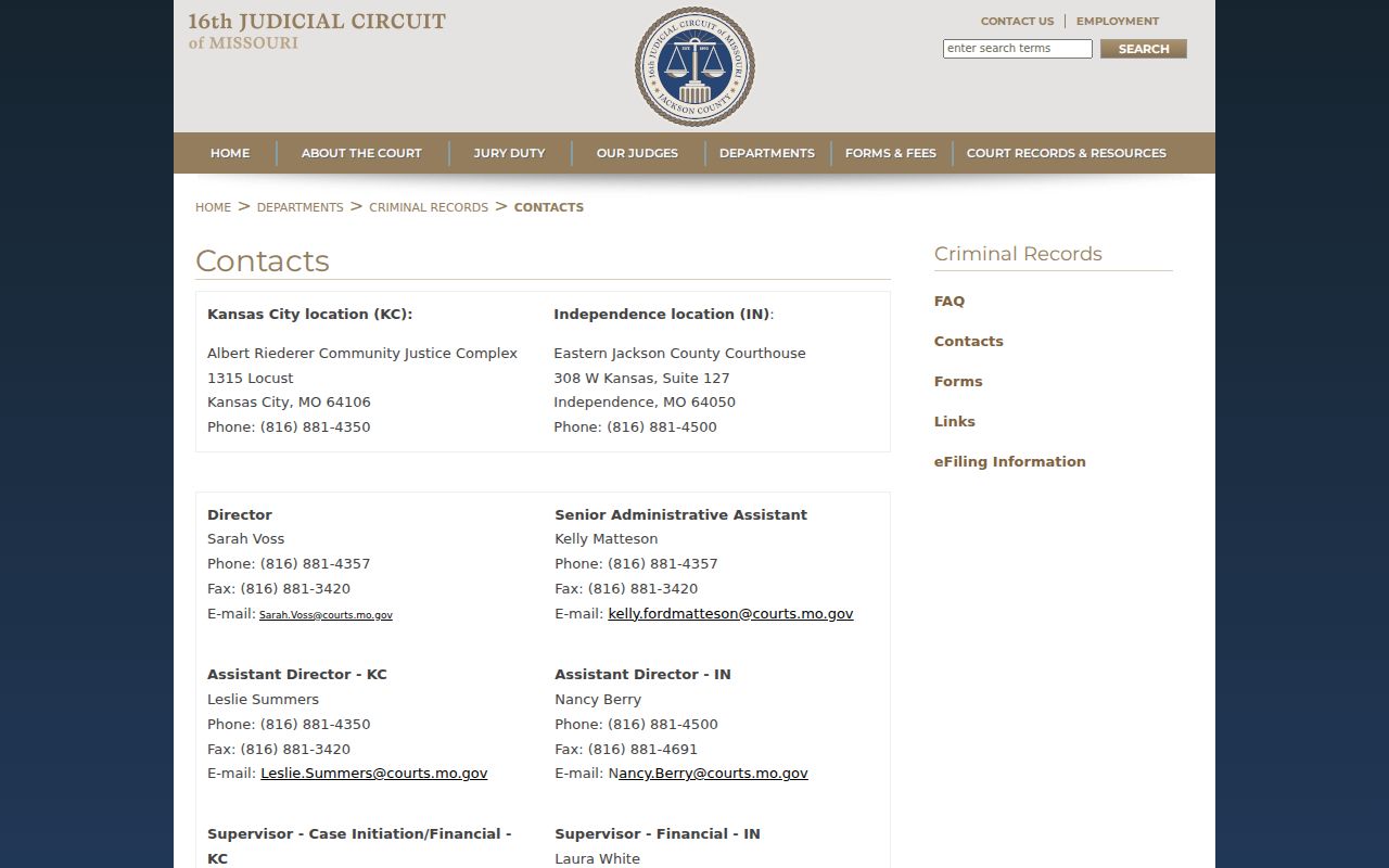 Jackson County criminal docket records contacts for Kansas City and Independence