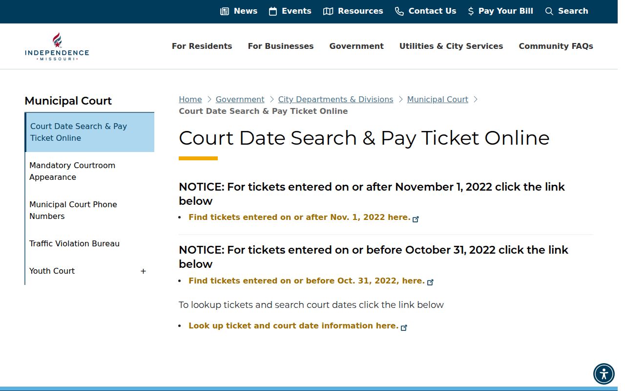 Independence court docket ticket search route