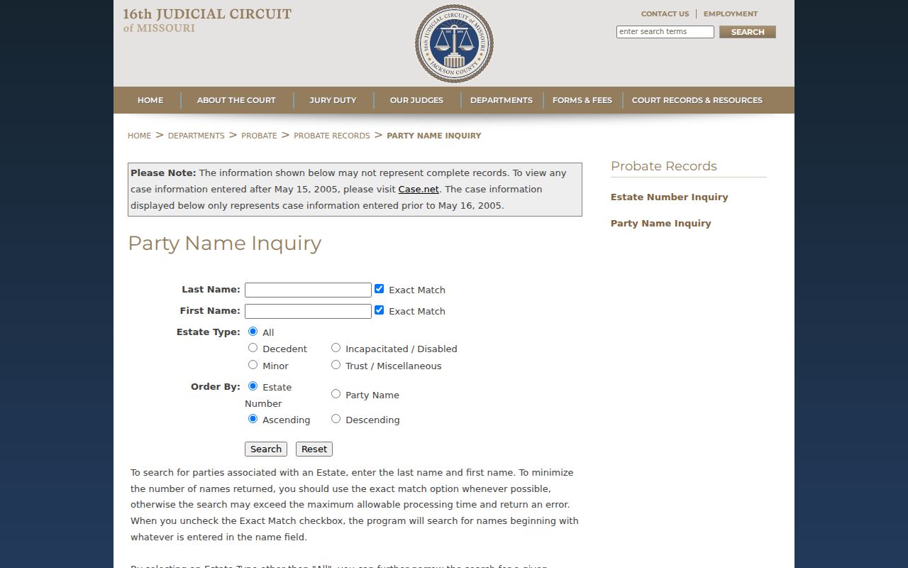Jackson County probate court docket party name inquiry
